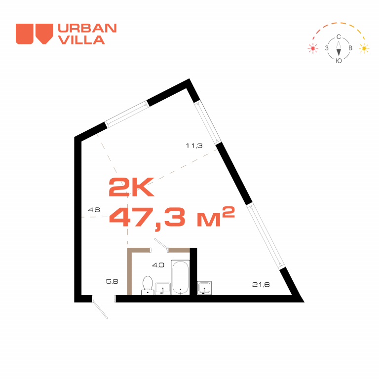 ЖК Урбан Вилла (Urban Villa), 1-комн кв 45,8 м2, за 10 359 960 ₽, 3 этаж